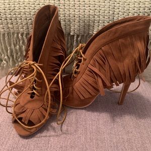 Fringed open toe booties